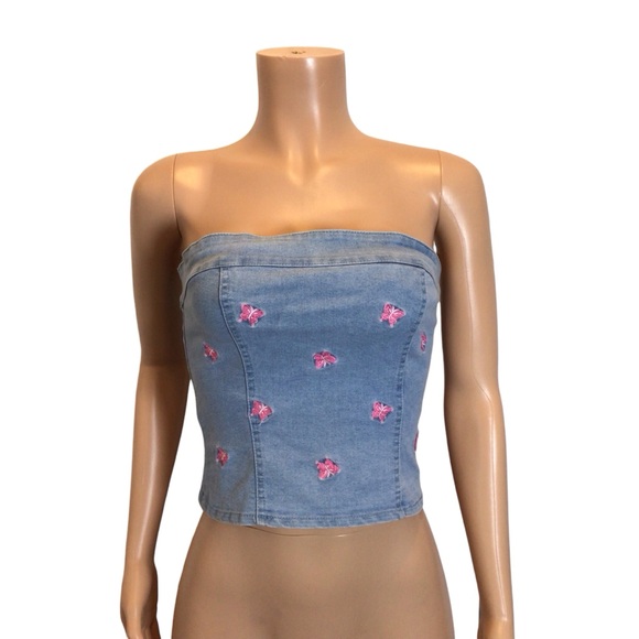 Jolie & Joy Womens Denim Tube Top Small NWT Embroidered Smocked Back - Picture 2 of 7